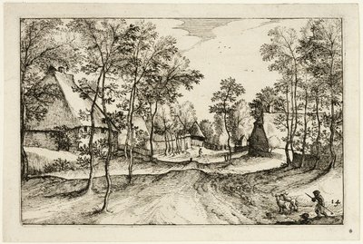 Venkovská cesta, deska čtrnáct podle Obrázky statků, venkovských domů a vesnic (Praediorum villarum et rusticarum casularum icones) od Claes Jansz. Visscher II