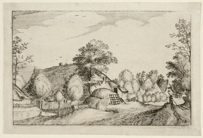 Venkovská cesta, deska dvanáct podle Obrázky statků, venkovských domů a vesnic (Praediorum villarum et rusticarum casularum icones) od Claes Jansz. Visscher II