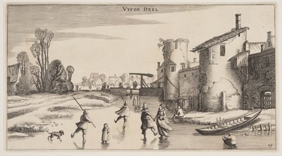 Zimní krajina s bruslaři podél městské zdi, z knihy Krajiny (Playsante Lantschappen) od Claes Jansz. Visscher II