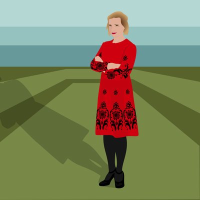 Portrét Lucy Worsleyové, anglické historičky, autorky, hlavní kurátorky v Historic Royal Palaces a televizní moderátorky od Claire Huntley