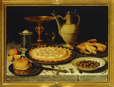 Zátiší - Jídlo s pečeným kuřetem, chlebem a olivami ... od Clara Peeters