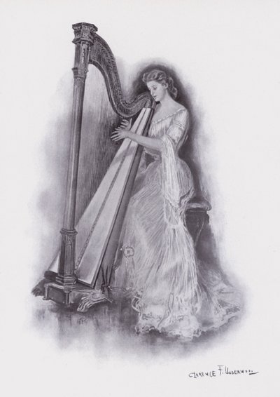 Žena hrající na harfu (barva litho) od Clarence F. Underwood