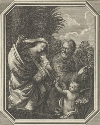 Útěk do Egypta, svatá rodina kráčející s mladým Janem Křtitelem, tre..., ca. 1720-86. od Claude Augustin Duflos