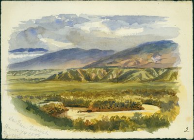 Pohled poblíž Damieh, Jordan Valley, 1874 (wc a tužka na papíře) od Claude Conder