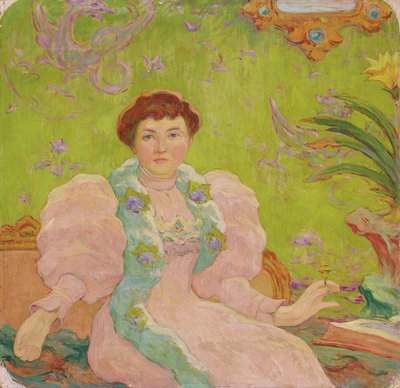 Mladá žena v růžových šatech; Jeune femme a la robe rose, kolem roku 1893 (olej na plátně) od Claude Emile Schuffenecker