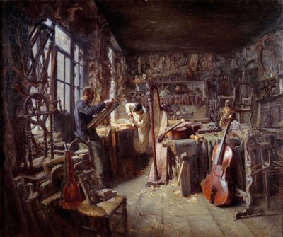 Restaurátor ve své dílně plné nástrojů. Obraz Clauda Firmina (1864-1944) 1896 Avignon musee Calvet Pozor! Použití tohoto díla může podléhat žádosti o autorizaci třetí stranou nebo dalším poplatkům od Claude Firmin