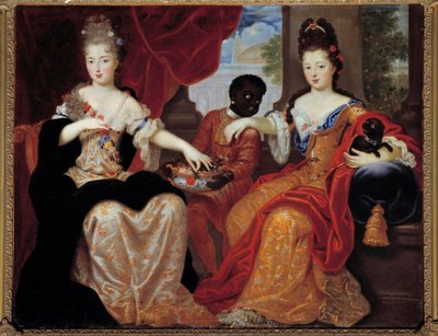 Portréty mademoiselle de Blois a mademoiselle de Nantes obsluhované jejich černým sluhou“““. Mademoiselle de Blois (1677-1749), budoucí manželka Louise de Bourbon, mademoiselle de Nantes (1673-1743), budoucí vévodkyně z Orleans. Obraz Claude Francois V od Claude Francois Vignon