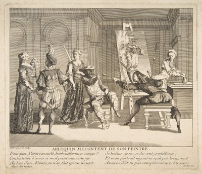 Harlekýn nespokojený se svým malířem.n.d. Tvůrci: Claude Gillot, Jacques Gabriel Huquier. od Claude Gillot, Jacques Gabriel Huquier