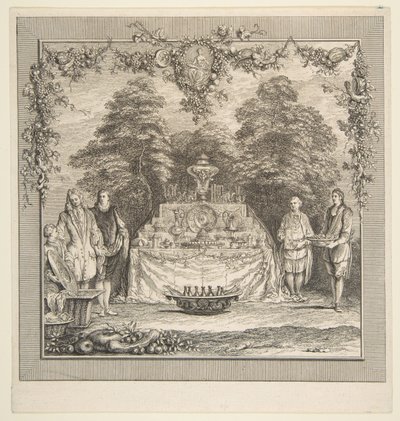 Svačina připravená v zahradě.n.d. Tvůrci: Claude Gillot, Jacques Gabriel Huquier. od Claude Gillot, Jacques Gabriel Huquier