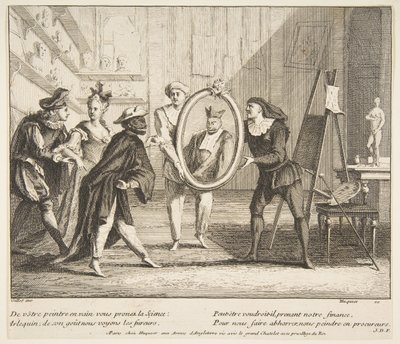 Pierrot a Scaramouche ukazují portrét Harlequin.n.d. Tvůrci: Claude Gillot, Jacques Gabriel Huquier. od Claude Gillot, Jacques Gabriel Huquier
