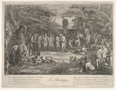 Manželství Le Mariage: v lese se starý satyr ožení se snoubenkou v cen..., ca. 1700-1720. od Claude Gillot