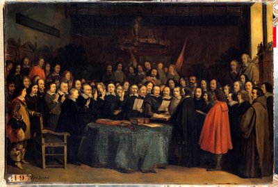 Vestfálský mír, přísaha po ratifikaci míru mezi Španěly a Needlandery, na radnici v Munsteru dne 15.5.1648 Ukončili třicetiletou válku. Obraz Claudia Jacquanda od Claude Jacquand