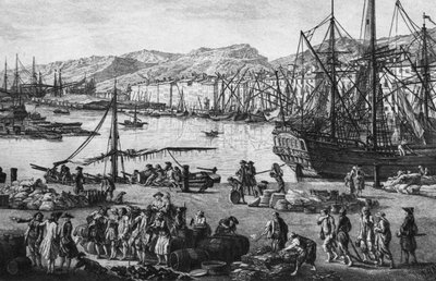 Starý přístav v Toulonu, viděno z proviantních obchodů, série „Les Ports de France“, vyryté Charlesem Nicolasem Cochinem mladším (1715-90) a Jacquesem Philippem Le Basem (1707-83) 1762 (detail na levé straně) ( viz také 382970, 382972) (lept) od Claude Joseph (after) Vernet