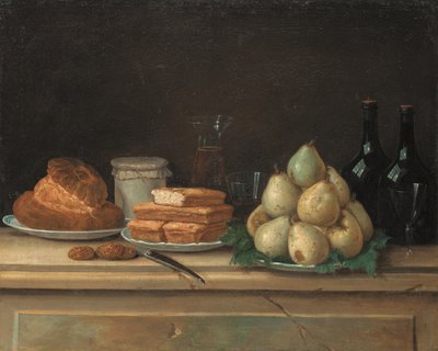 Hrušky a chléb na talířích, s lahvemi vína a sklenicemi na kamenné římse (olej na plátně) od Claude Joseph Fraichot