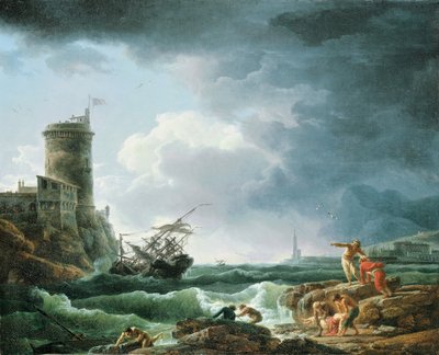 Bouře se ztroskotáním u pevnosti, trosečník v popředí, 1769 od Claude Joseph Vernet