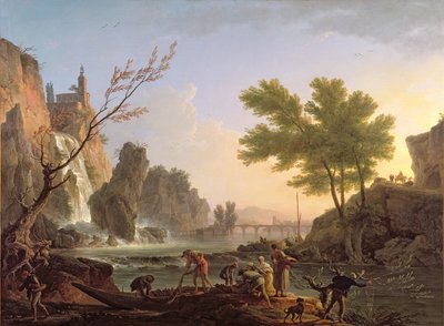 Rybář v krajině s kaskádou a mostem od Claude Joseph Vernet