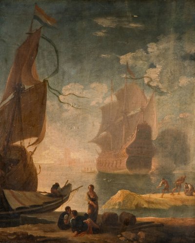 Přístavní scéna s válečnými muži a postavami na nábřeží, 1825. od Claude Joseph Vernet