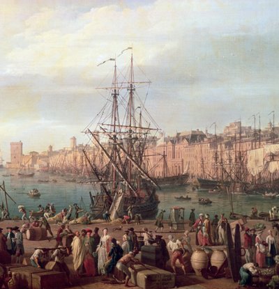 Ranní pohled na vnitřní přístav Marseille a pavilon Horloge du Parc, 1754 (detail 156103) od Claude Joseph Vernet
