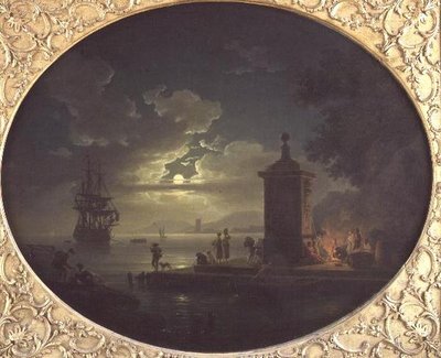 Noc: Měsíční pobřežní krajina s Fisherfolk u ohně na nábřeží, Man of War za ním od Claude Joseph Vernet