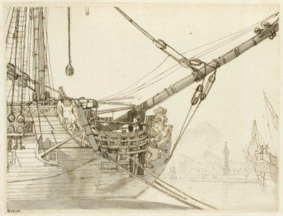 Studie přední části válečné lodi s britskými válečnými loděmi a neapolským přístavem za ní od Claude Joseph Vernet