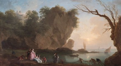 Západ Slunce: Pohled Přes Zátoku S Postavami od Claude Joseph Vernet