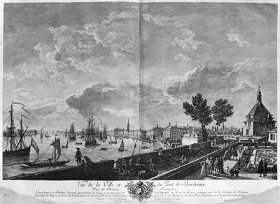 Pohled na město a přístav Bordeaux z Chateau Trompette, série "Les Ports de France", vyryté Charlesem Nicolasem Cochinem mladším od Claude Joseph Vernet