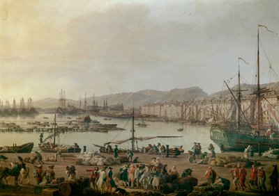 Pohled na přístav Toulon Detail, starý přístav, pohled z pobřeží obchodů. Obraz Josepha Verneta (1714-1789) 1756. Paříž, Musee de la Marine - Pohled na mořský přístav Toulon. Detail. Obraz Joseph Vernet (1714-1789), olej na plátně od Claude Joseph Vernet