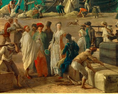 detail: Přístav Marseille v 18. století”” Detail představující vykládku zboží. Obraz Josepha Verneta (1714-1789) Paříž 18. století. Námořní muzeum od Claude Joseph Vernet