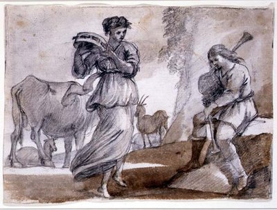 Venkovský tanec (černá a červená křída a mytí na papíře) od Claude Lorrain
