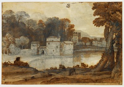 Hirte neben einem See in der Nähe einer befestigten Mühle von Claude Lorrain (1600-82)