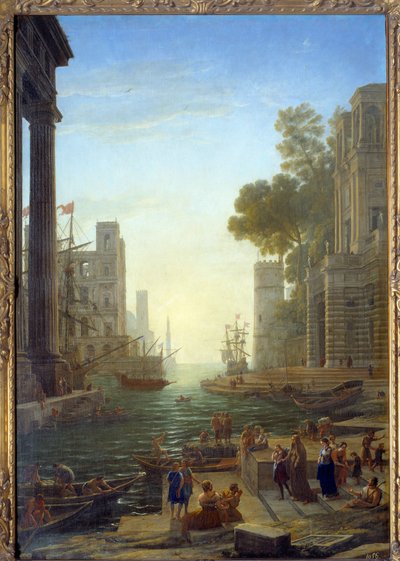 Krajina s lodí Saint Paula Romana v Ostia. Svatá Paula opouští své děti, aby cestovali do Svaté země. Plátno, 211 x 145 cm - Nástup ze Sainte Paule do Ostie. Sv. Pavla (347-404 nebo 407), římská vdova, učednice svatého Jeronýma. Obraz od Cl od Claude Lorrain