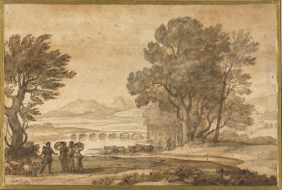 Zalesněná říční krajina s Jákobem, Lábanem a jeho dcerami od Claude Lorrain