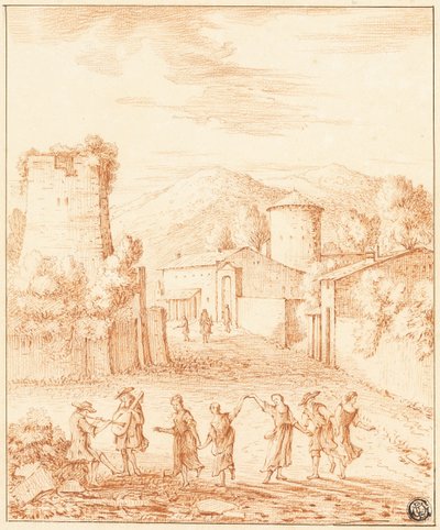 Tanečníci a hudebníci před vesnicí se zničenou věží od Claude Lorrain