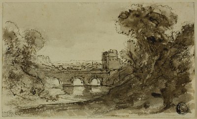 Italská říční krajina s mostem s věží od Claude Lorrain