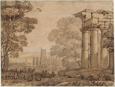 Krajina s ruinami, pasteveckými postavami a stromy od Claude Lorrain