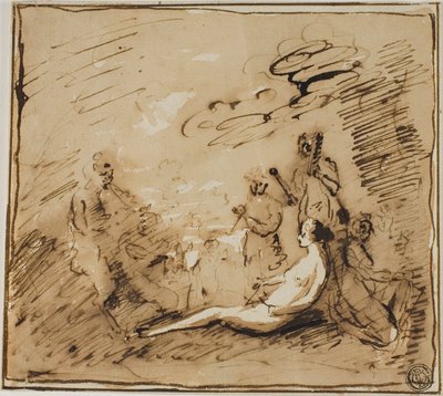 Nymfy a satyři hrající na hudební nástroje od Claude Lorrain
