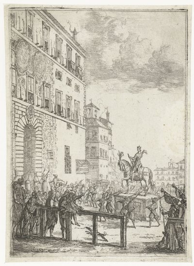 Jezdecká socha císaře Svaté říše římské Le Statue equestre du roi des romains Ohňostroje a slavnosti u příležitosti nově zvoleného císaře Svaté říše římské (název série) od Claude Lorrain
