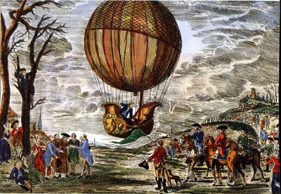 Let horkovzdušného balónu pod dohledem vévody z Chartres v roce 1783, rytina od Claude Louis (after) Desrais
