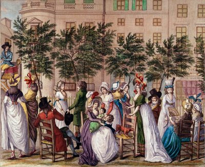 Móda pod vedením: „Le petit Coblenz“, promenáda Boulevard des Italians v Paříži. Litografie Claude Louis Desrais (1746-1816) 1798. Paříž, Musee Carnavalet od Claude Louis Desrais