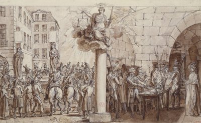 Vdova Morin a její dcera Angelique Delaporte v Conciergerie a potrestány spoutáním na veřejnosti za zločin vydírání s násilím podpisů, 1812 (pero, inkoust a mytí na papíře od Claude Louis Desrais