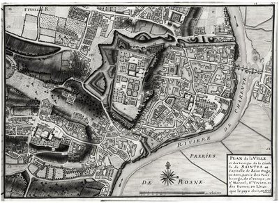 Atlas 131 F fol.8 Mapa Saintes, hlavního města Saintonge, z Recueil des Plans de Saintonge, 1716 (pero a inkoust a wc na papíře) od Claude Masse