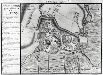 Fol.105 Mapa města Tonnay-Boutonne, z Recueil des Plans de Saintonge (pero a inkoust a wc na papíře) od Claude Masse