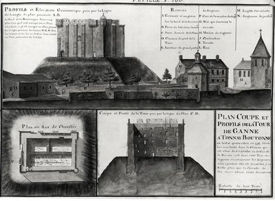 Fol.106 Kresba průřezu a profilu Tour de Ganne v Tonnay Boutonne, z Recueil des Plans de Saintonge (pero, inkoust a wc na papíře) od Claude Masse