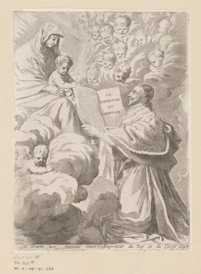 Armand-Jean du Plessis vévoda z Richelieu představuje knihu Mary s dítětem Titulní strana pro: Armand-Jean du Plessis vévoda z Richelieu, Traité de la perfection du chrétien od Claude Mellan