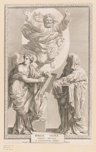 Bůh se ztělesněním historie a proroctví Titulní strana pro: Biblia Sacra, 1642 od Claude Mellan