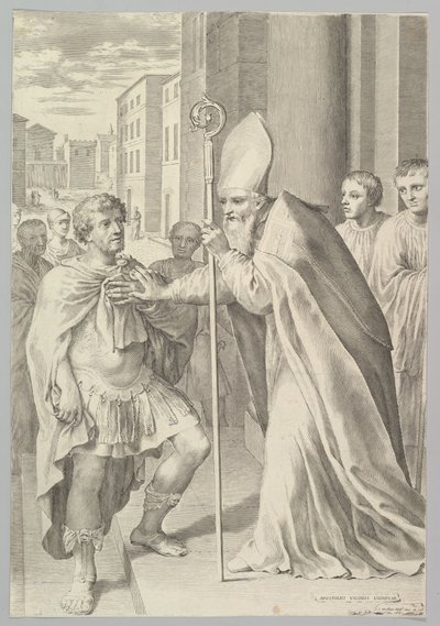 Svatý Ambrož, milánský arcibiskup, odvrácený císař Theodosius, 1681. od Claude Mellan