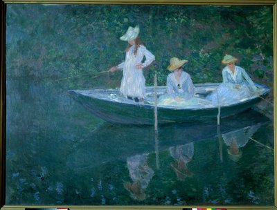 Loď v Giverny nebo v norštině. Dcery madame Hoschede, druhé manželky umělce, Germaine, Suzanne a Blanche, kolem roku 1887. Malba Clauda Moneta (1840-1926), Olej na plátně (0,98 x 1,31 cm). Musee d
