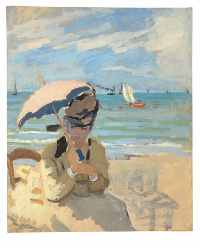 Camille sedí na pláži v Trouville od Claude Monet
