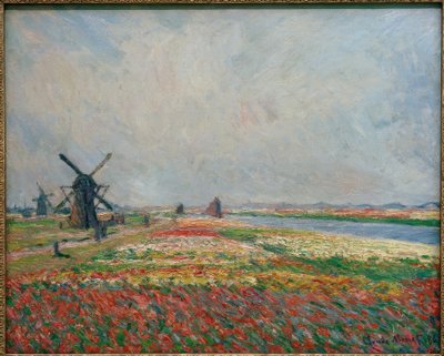 Pole květin a větrné mlýny poblíž Leidenu od Claude Monet