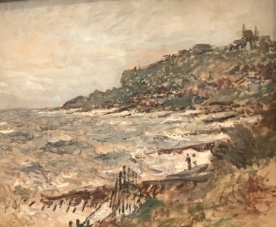 Francouzsky: Falaise de Sainte-Adresse, šedé počasí od Claude Monet